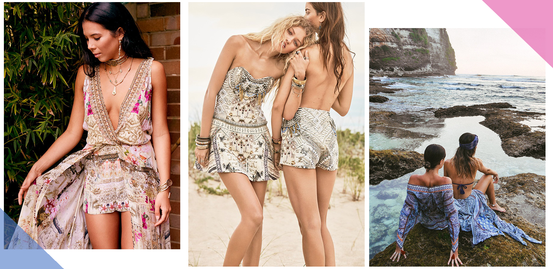 L to R: Camilla's Girl in the Garden Playsuit , Handiras Hold Strapless Dress and Antique Batik Long Draped Robe