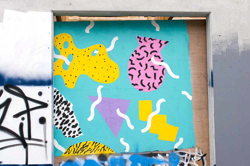 Spencer's painted some ply near the studio entrance, which is backing onto an apartment development. Photo by Susan Fitzgerald.