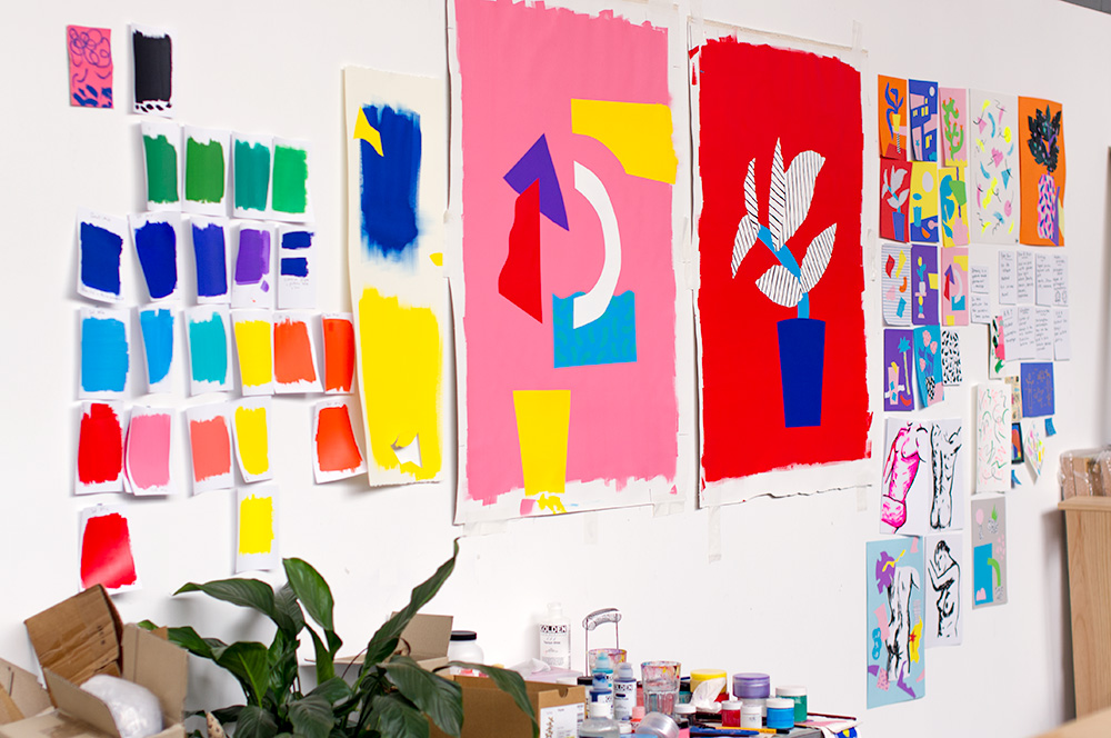 Artwork for Spencer's upcoming exhibition covers an entire wall of his studio. Photo by Susan Fitzgerald.