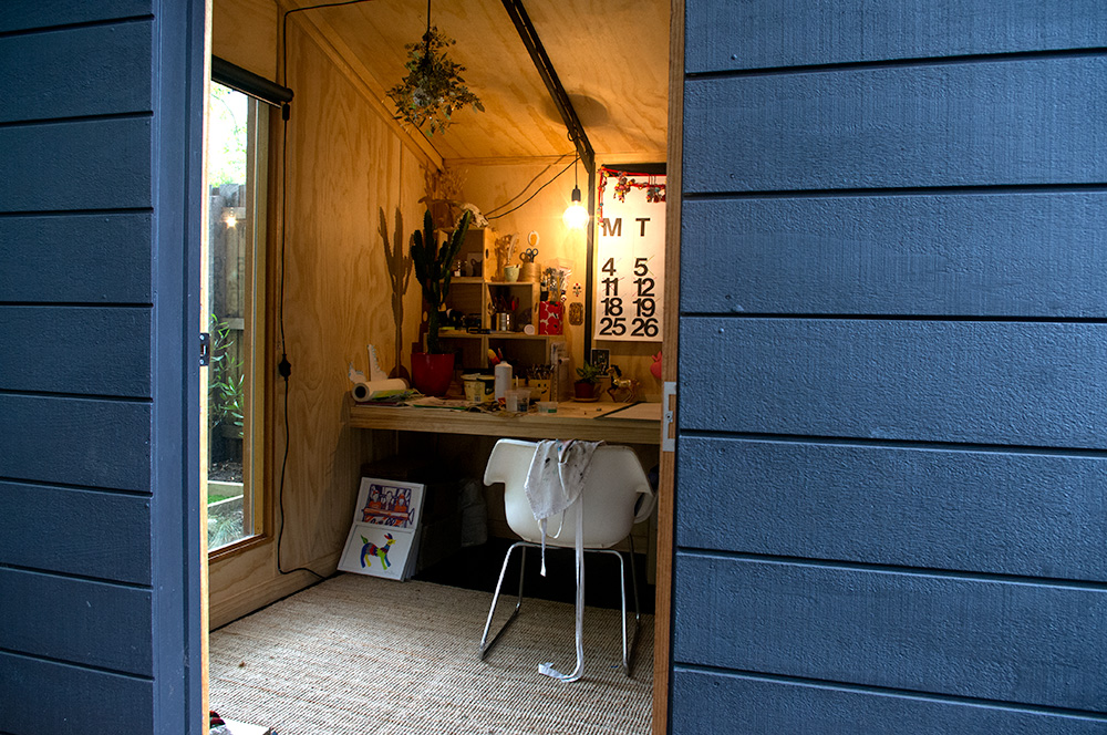 Looking into the studio from outside
