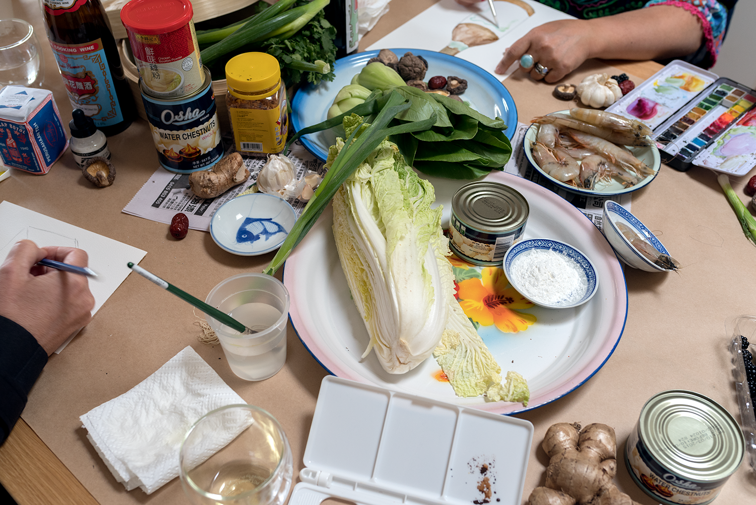 Drawing and painting the ingredients that were to become our lunch.