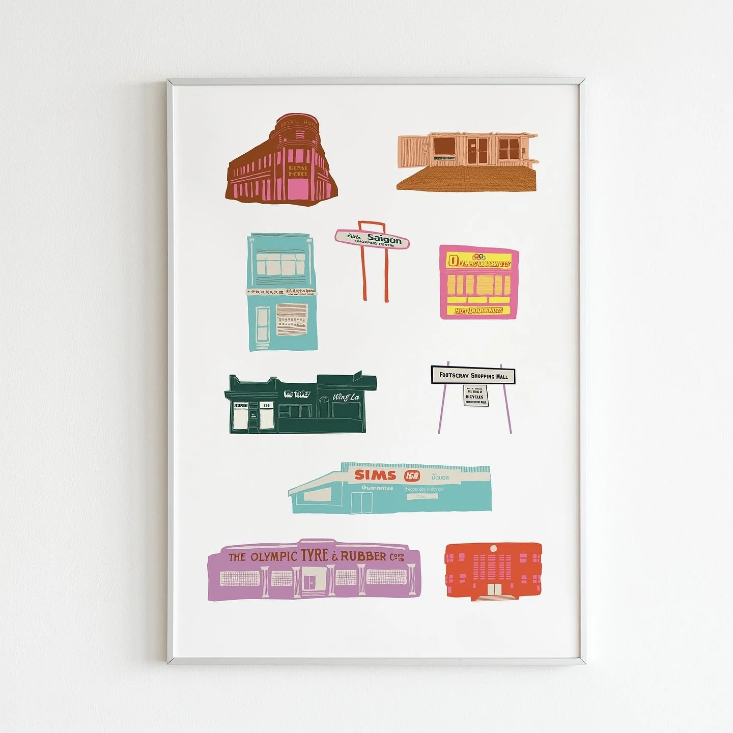 For the love of Footscray! New work featuring illustrations of Sims supermarket, Olympic Tyres and Olympic Donuts, Rudimentary and more. 
And there’s free shipping (within Australia) in my shops until Wednesday 4/12 - use code SHIPFREE at 
spi
