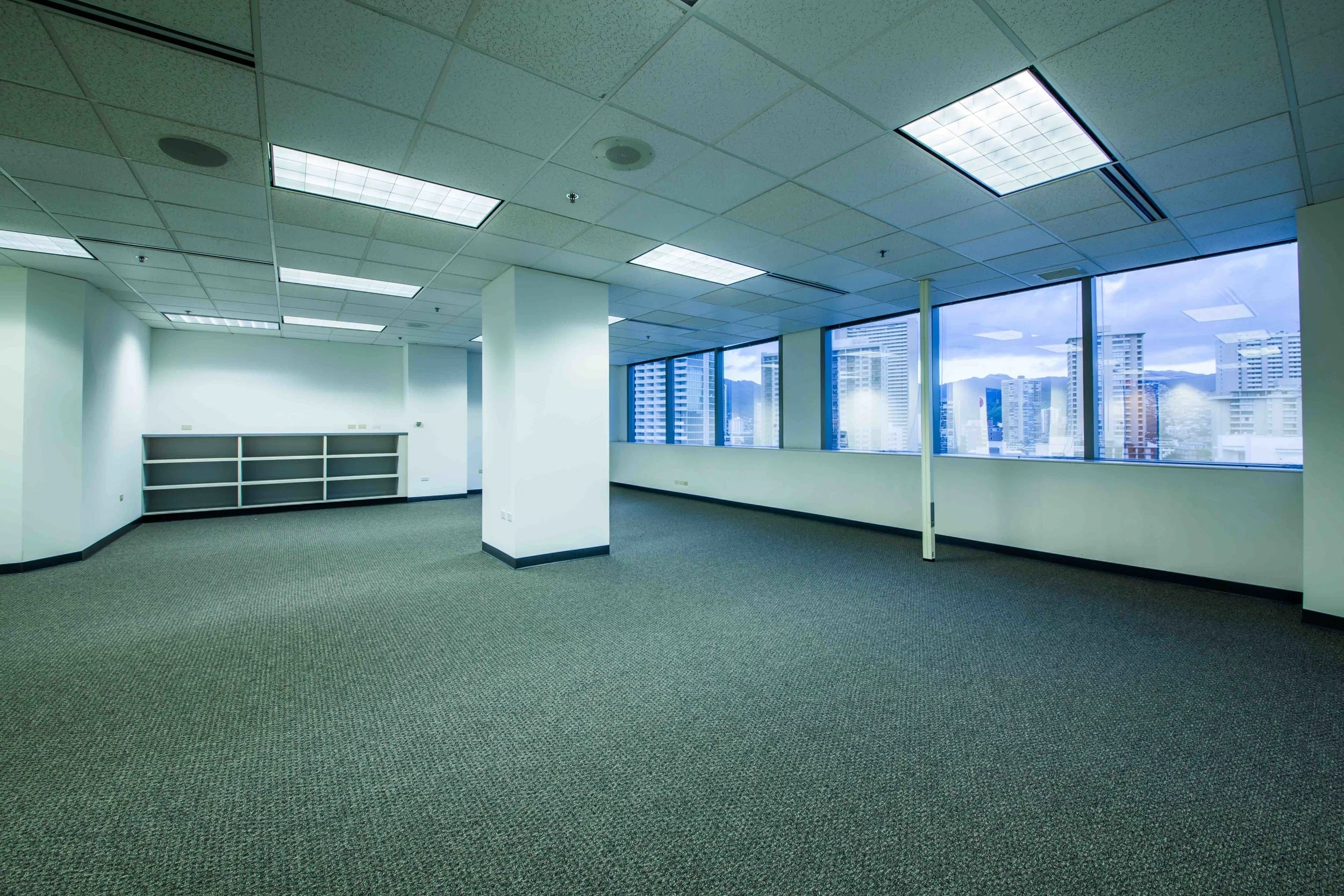 Well appointed office with new carpet and new paint. Wall to wall windows with views of Kalakaua Avenue, Waikiki Galleria Tower and Diamond Head. Fantastic private corner office with curved window views of Kalakaua and Diamond Head.