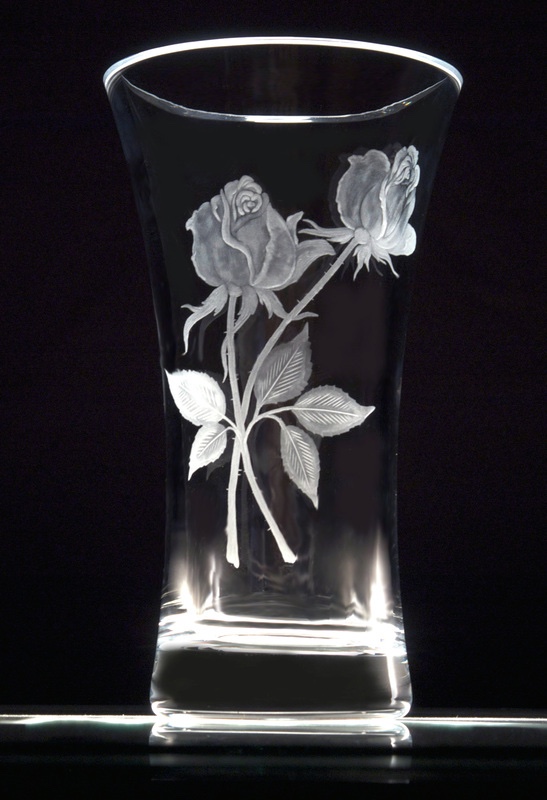 hand engraved crystal vase with rose design