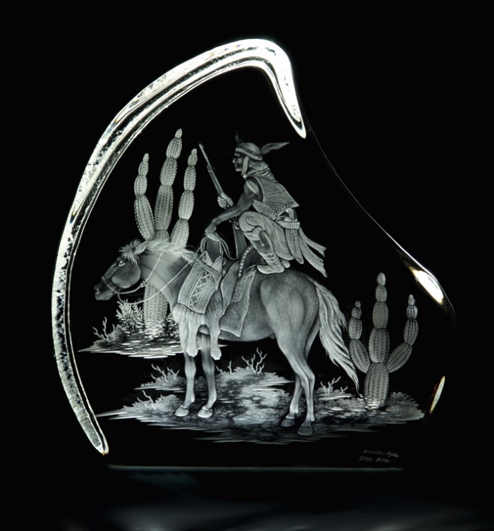 Hand engraved crystal with Indian on horse coper wheel engraving