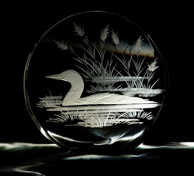 Hand engraved crystal with loon copper wheel engraving