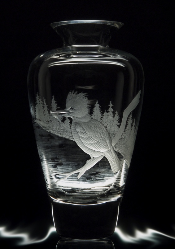 Hand engraved vase with kingfisher