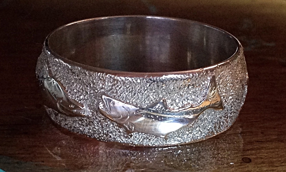 Hand engraved ring with salmon #1