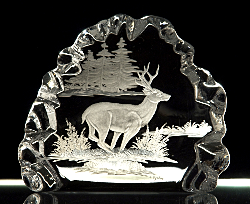 hand engraved crystal sculpture with deer