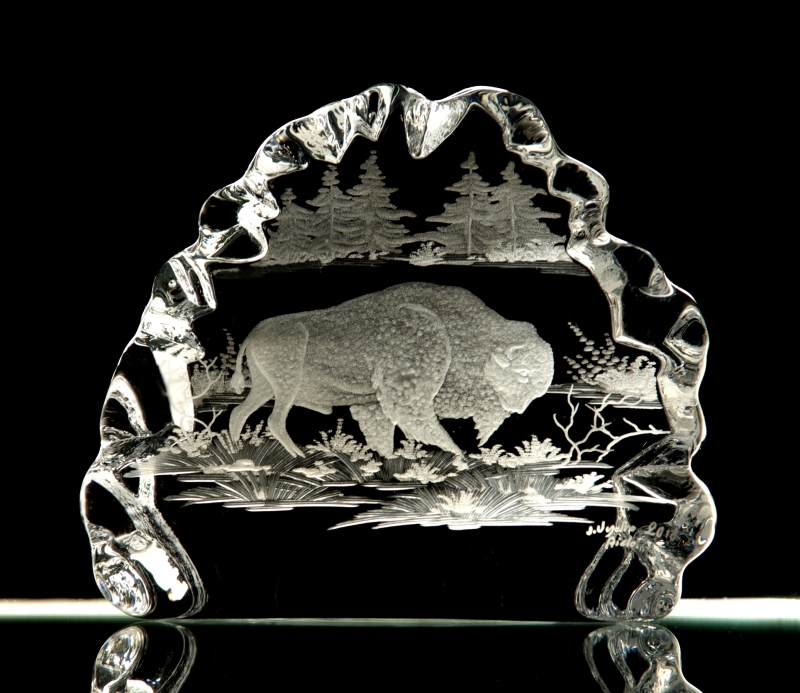 hand engraved crystal sculpture with buffalo