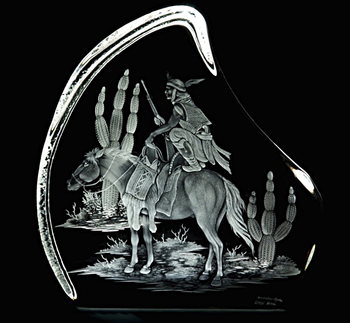 hand engraved crystal sculptures with Indian chief