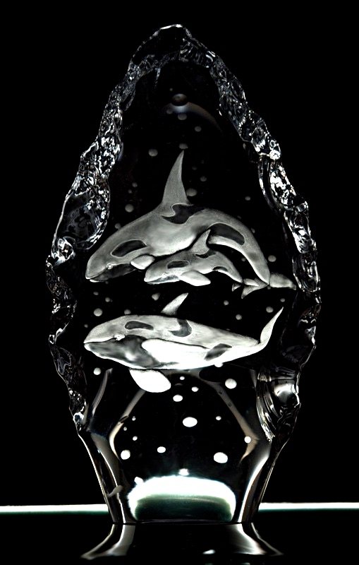 hand engraved crystal sculpture with killer whale