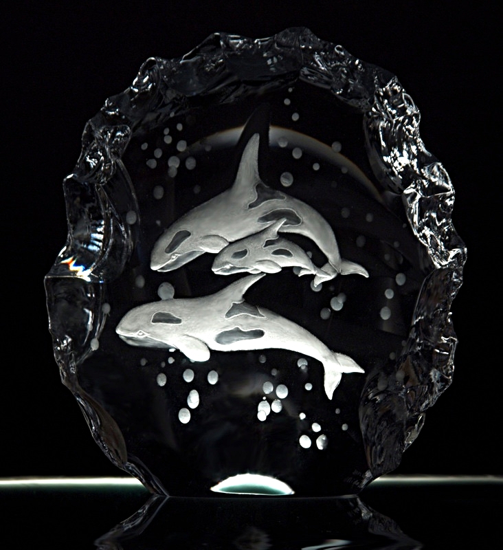 hand engraved crystal sculpture with killer whale