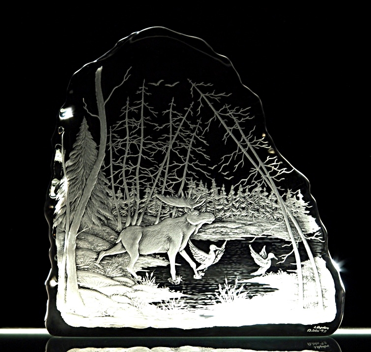 hand engraved crystal sculpture with moose