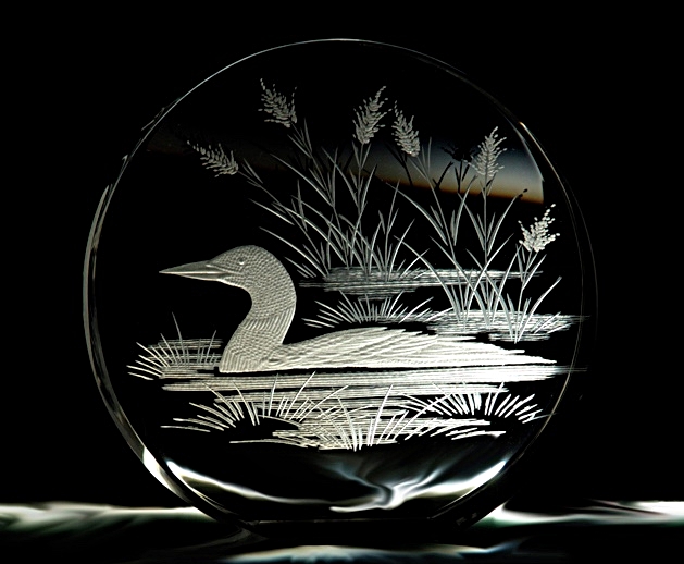 hand engraved crystal sculpture with loon