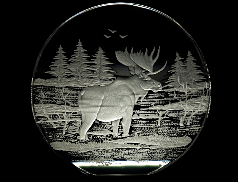 hand engraved crystal sculpture with moose