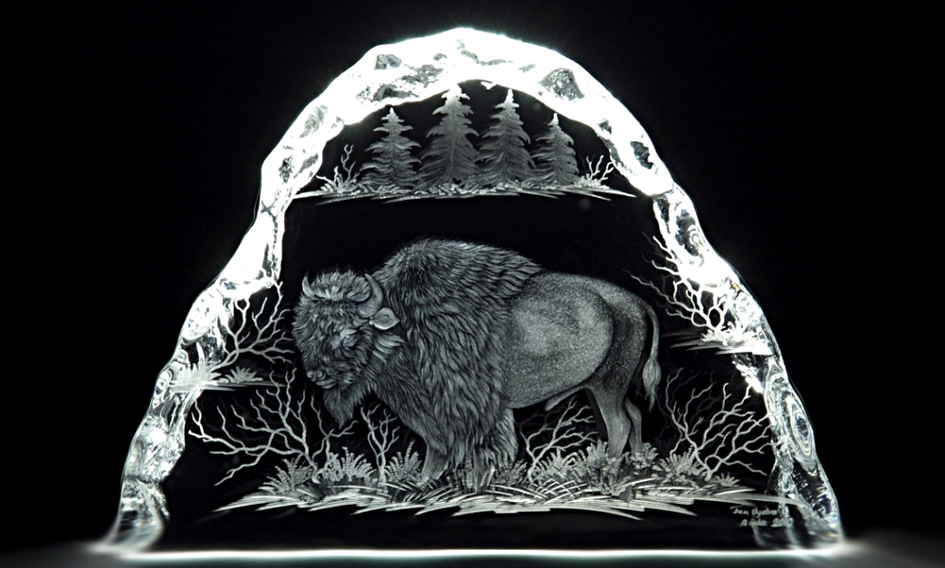 hand engraved crystal sculpture with buffalo