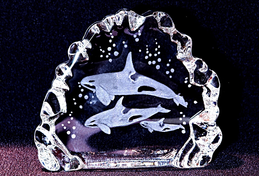 hand engraved crystal sculpture with killer whale