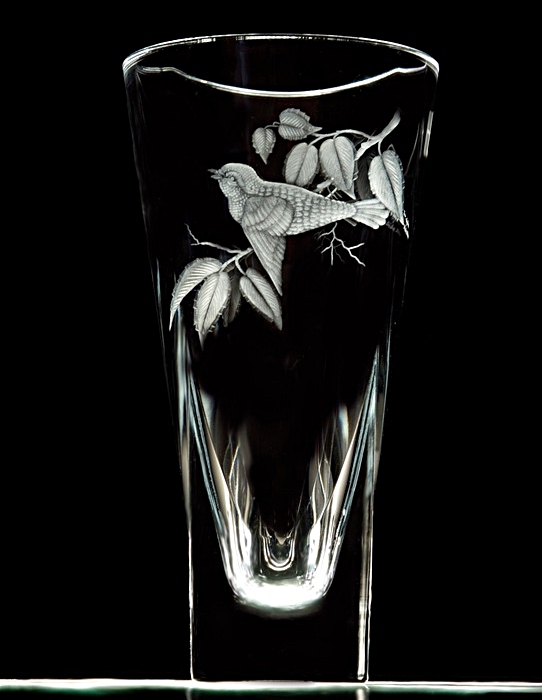 hand engraved crystal vase with wild bird design