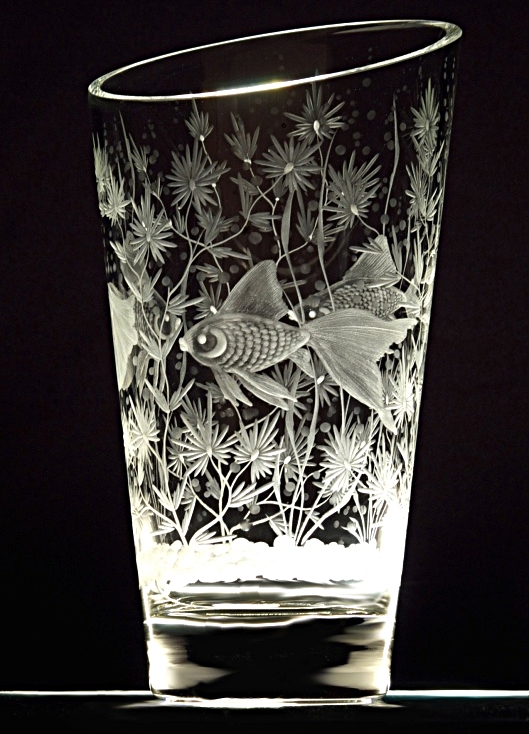hand engraved crystal vase with fish design 
