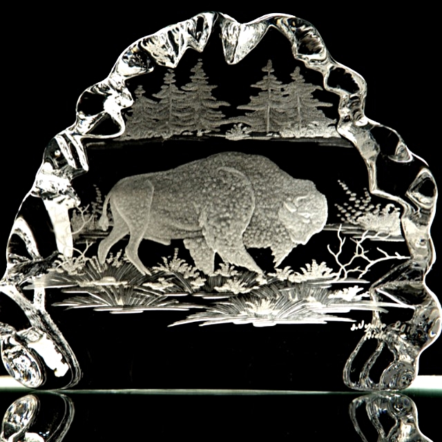 hand engraved crystal sculpture with buffalo