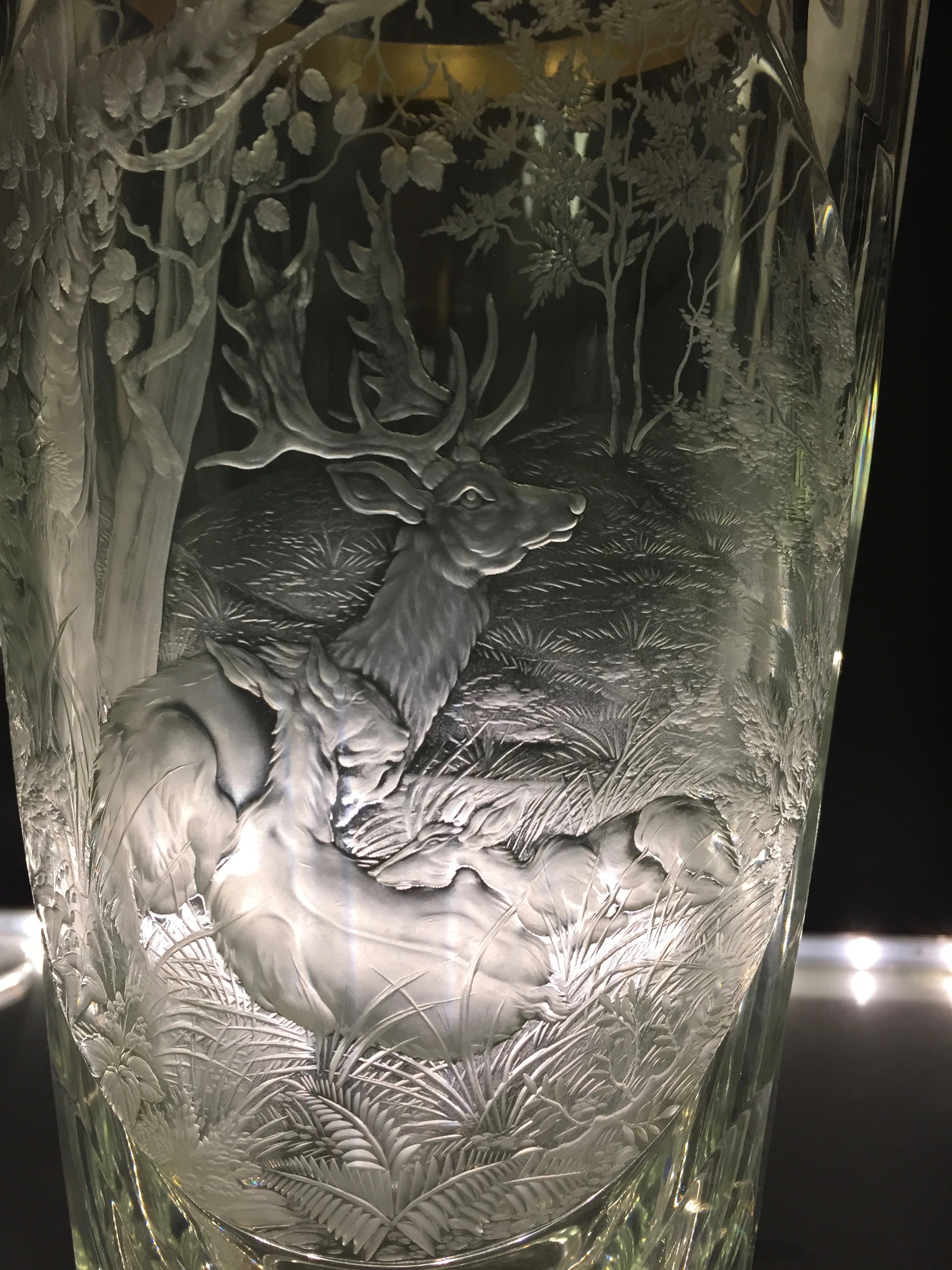 hand engraved crystal vase engraved with fallow deer