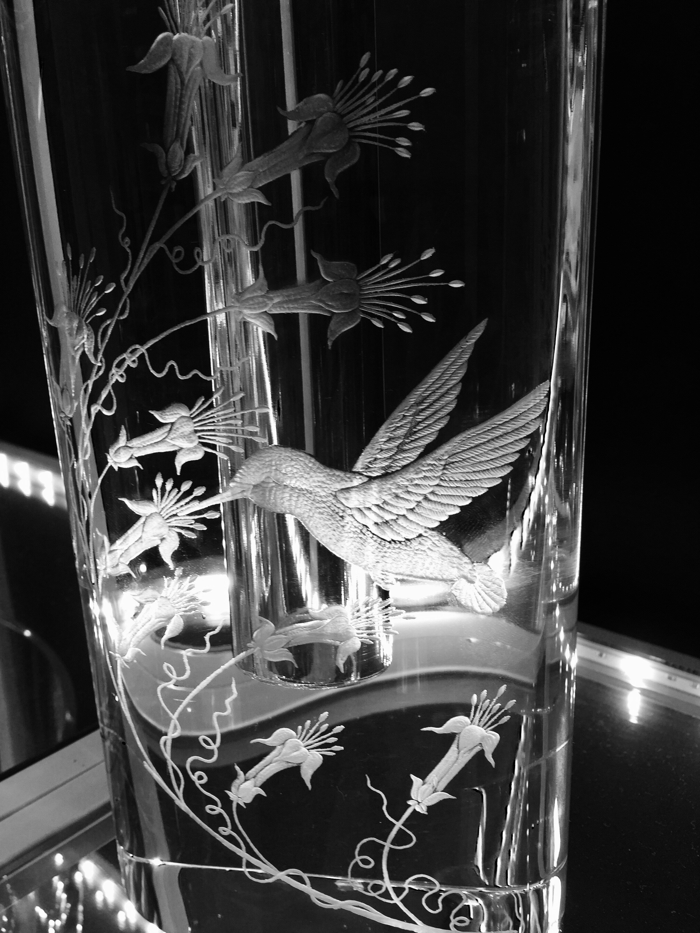 crystal Vase hand engraved with hummingbird