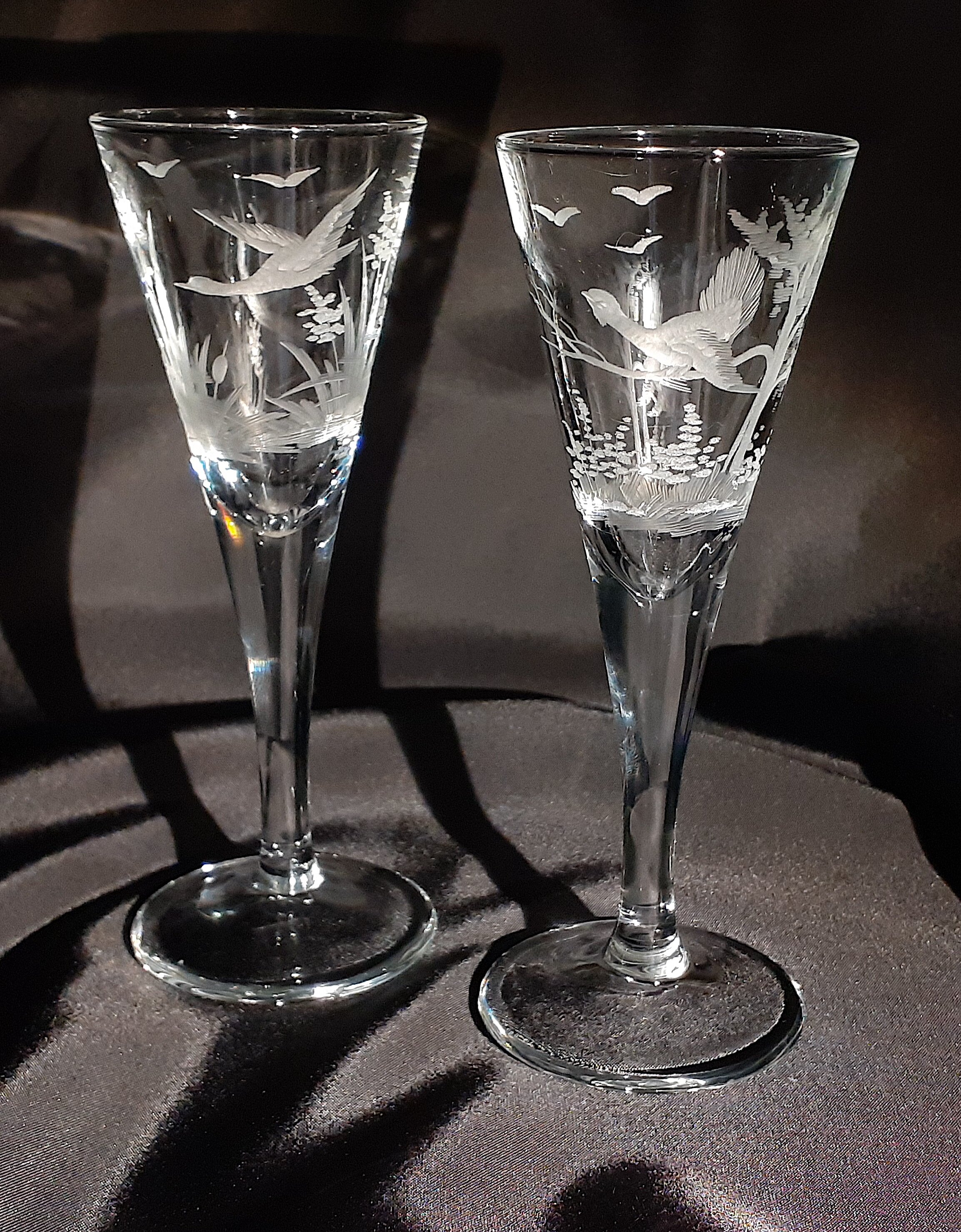 two liquor glasses with different bird on each glass