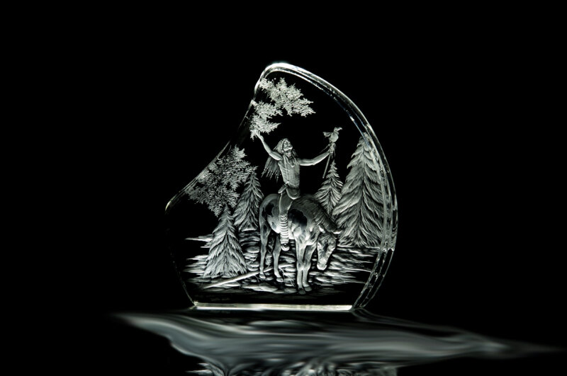 hand engraved crystal with Indian on horse