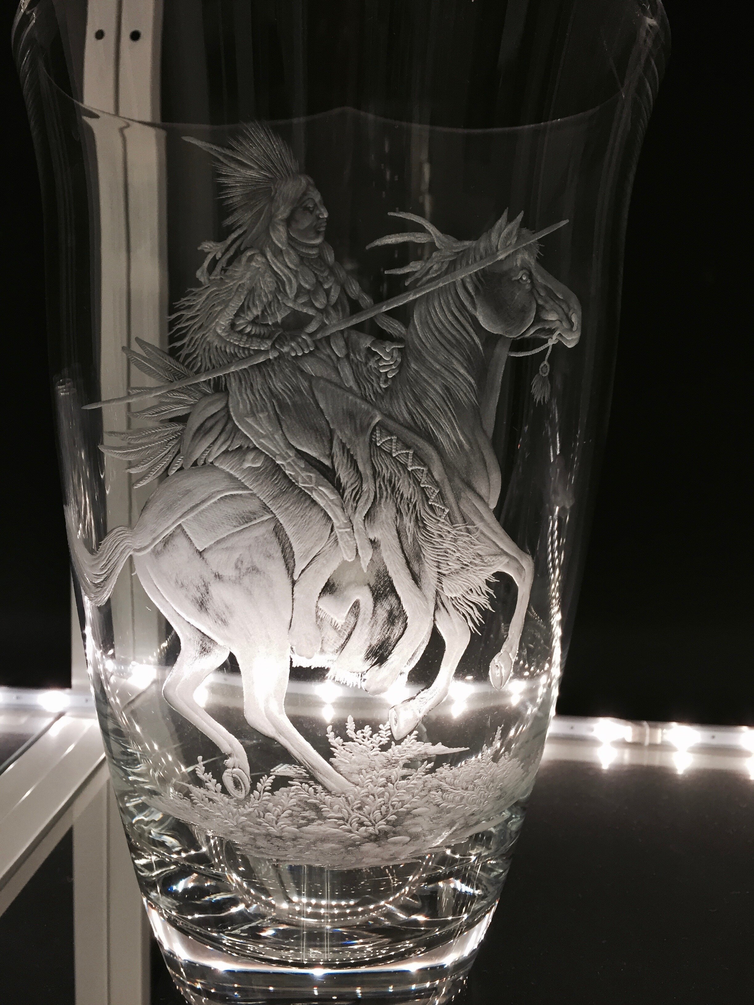 crystal vase hand engraved with native chief on horse