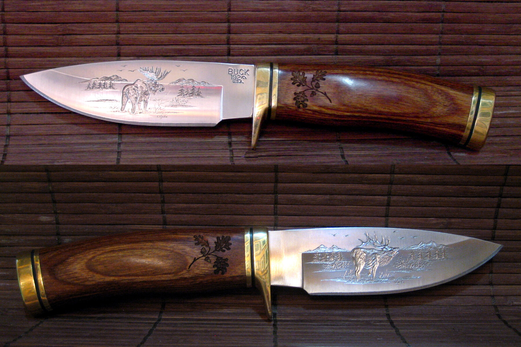 custom unique hand engraved knife with moose and elk and mountain scene 