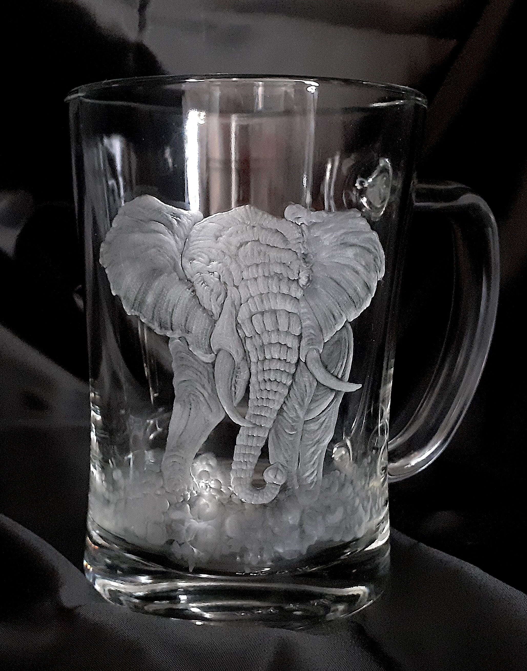 hand engraved beer mug with elephant