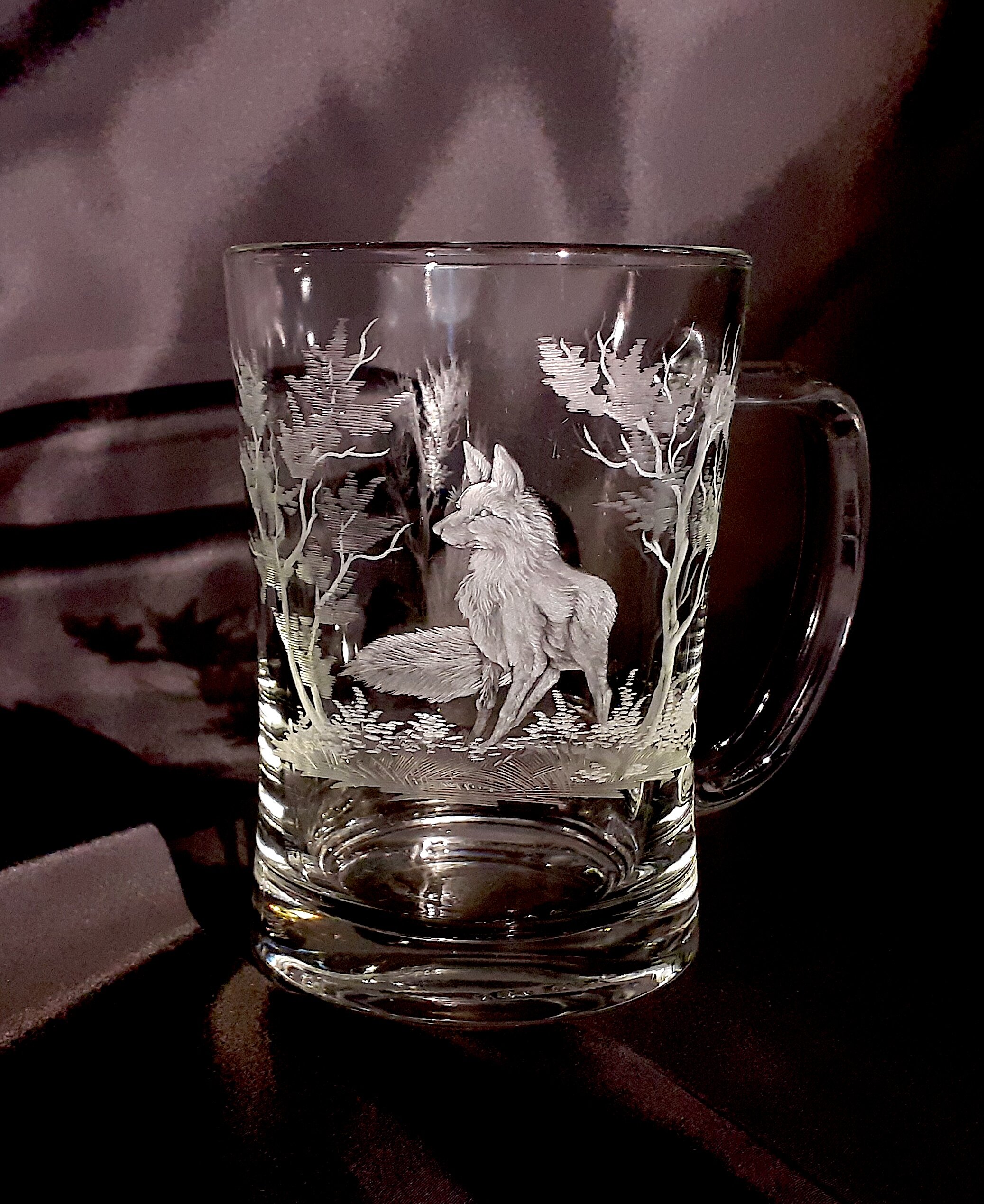 beer mug hand engraved with fox 