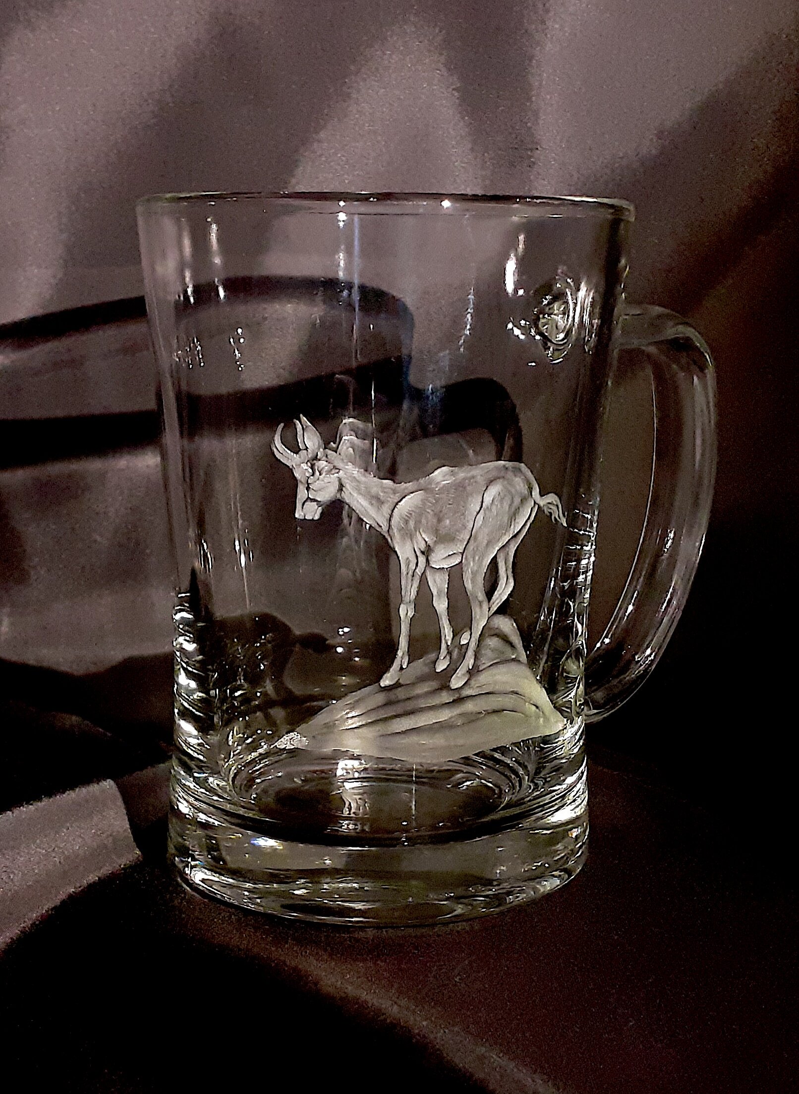 beer mug hand engraved with chamois 