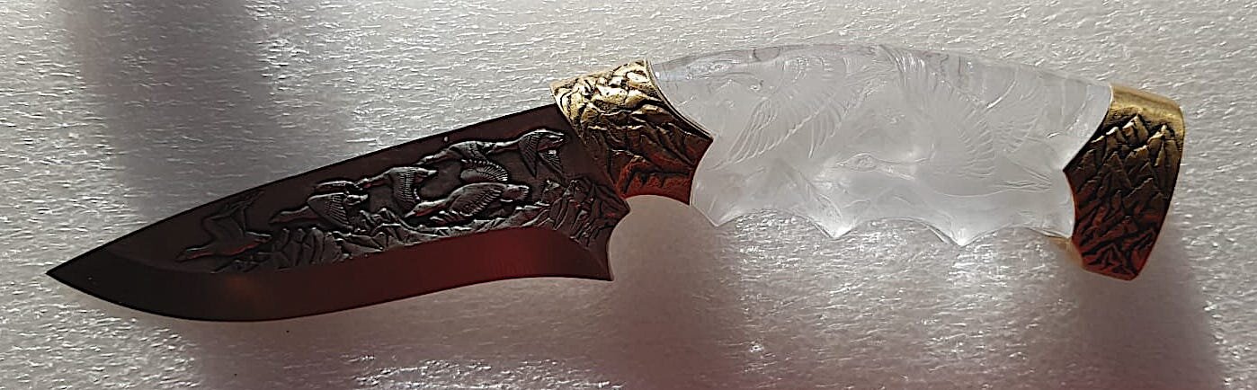 knive hand engraved blade and handle combination of brass and crystal hand engraved with geese and mountains #2 polished side 1.jpg
