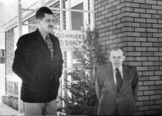 Richard Shaver and Ray Palmer, outside the studio that Shaver did his writing from. No, Palmer is not kneeling.