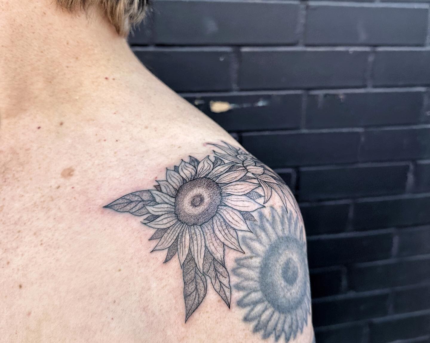 Sunflowers added on to my client&rsquo;s first tattoo 🌻 &ldquo;My first tattoo was when i was 30.  I am turning 50 this year.  This will be my last tattoo as i feel like my skin is getting thin.  Each tattoo has had special meaning.  This one i hope