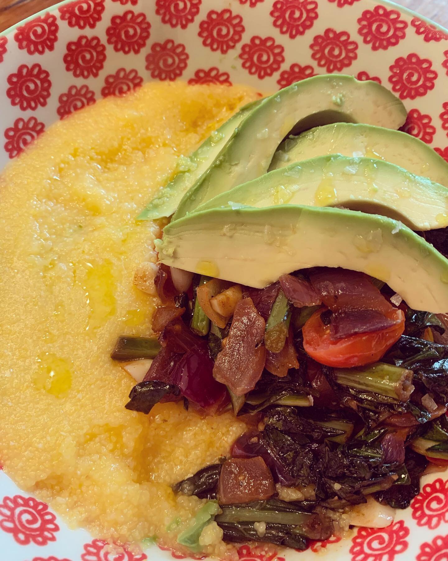 If I ever get the notion to open a restaurant, I&rsquo;d call it The Grits Keep Comin&rsquo; because it would be just like that. Yellow corn grits topped with red onion, kale, garlic, grape tomatoes, Old Bay, avocado, Coratina extra virgin olive oil,