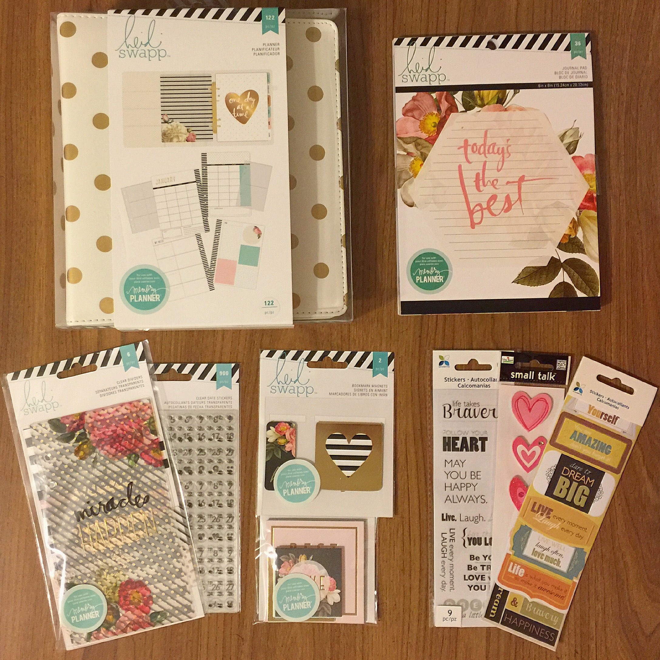 (From left to right) I purchased the Heidi Swapp planner, the "Today's the Best" notebook, stickers from Michael's, Heidi Swapp bookmark magnets and quote cards, and Heidi Swapp number stickers and planner dividers.