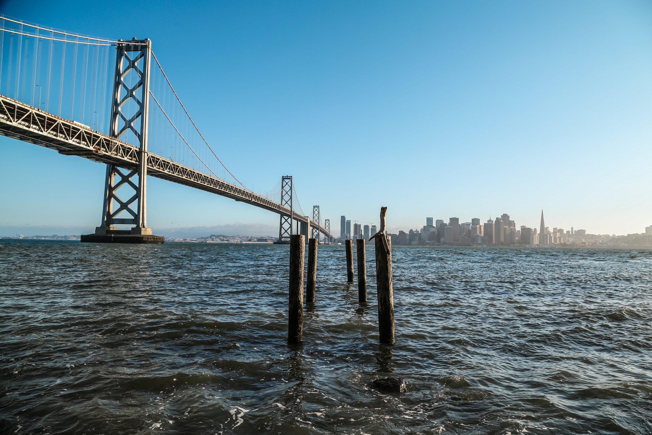 View of San Francisco skyline with Bay Bridge in the foreground, and wooden posts protruding from the water.