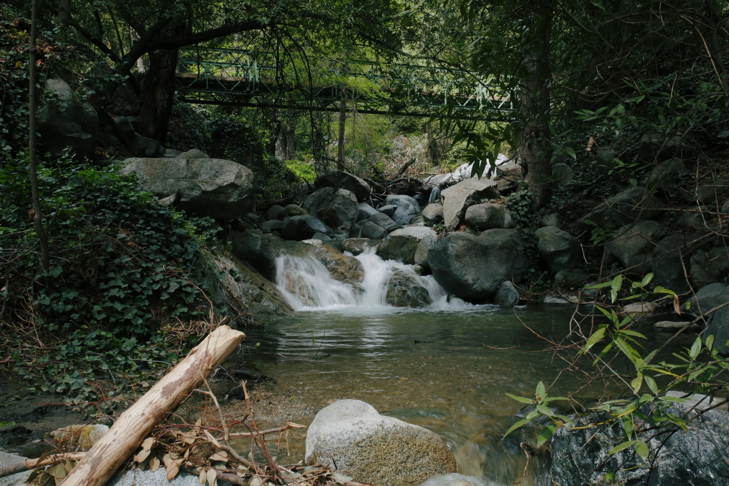 A small cascading waterfall flowing into a pond surrounded by rocks and greenery in a forested area, with a bridge overhead