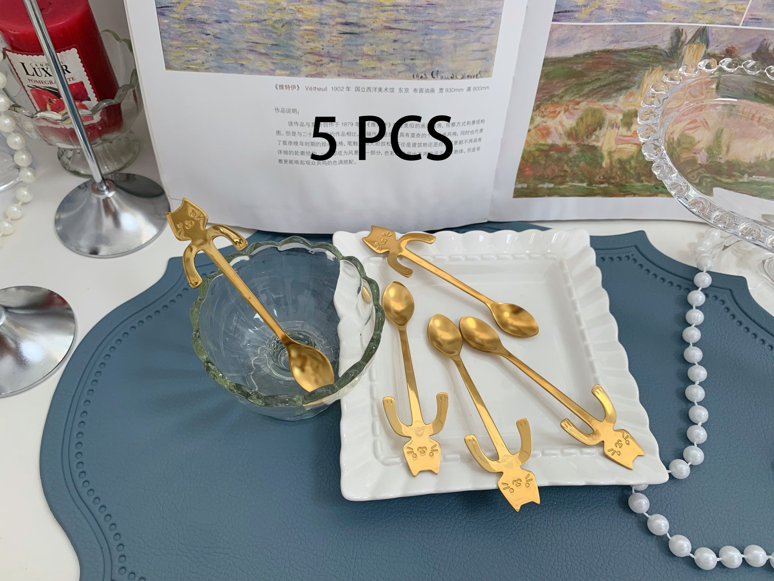 Cute Cat-Shaped 304 Stainless Steel Whisker Charm Gold Cat Coffee Spoons (Set of 5)