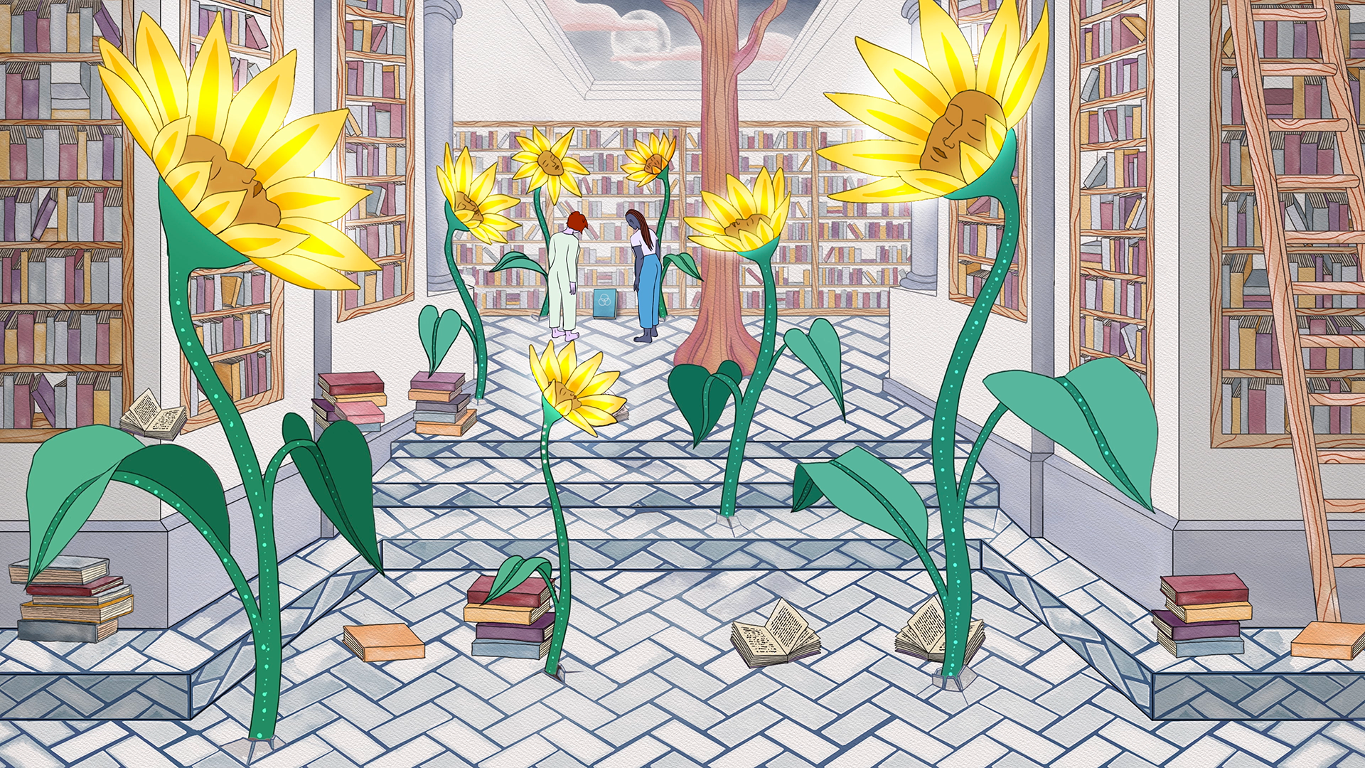 An indoor library with tall bookshelves, some accessible by ladders. The floor has a herringbone pattern, and books are scattered on the floor and shelves. Large yellow sunflower plants with smiling faces on the flowers are growing throughout, with t