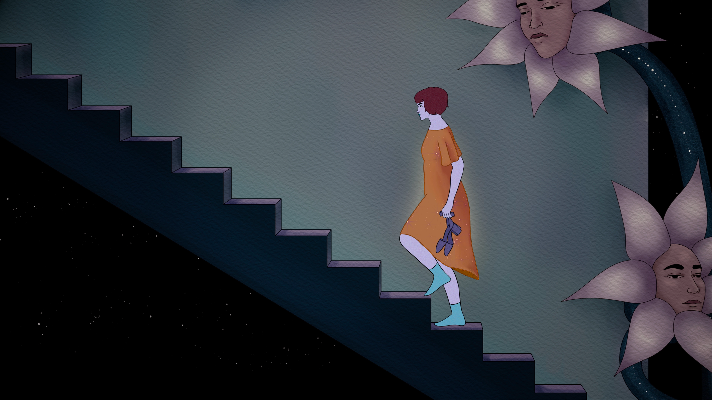 Digital illustration of a woman with short brown hair, wearing an orange dress and light blue socks, walking down a staircase holding shoes. Large lotus flower heads with serene human faces surround her, set against a starry black background.