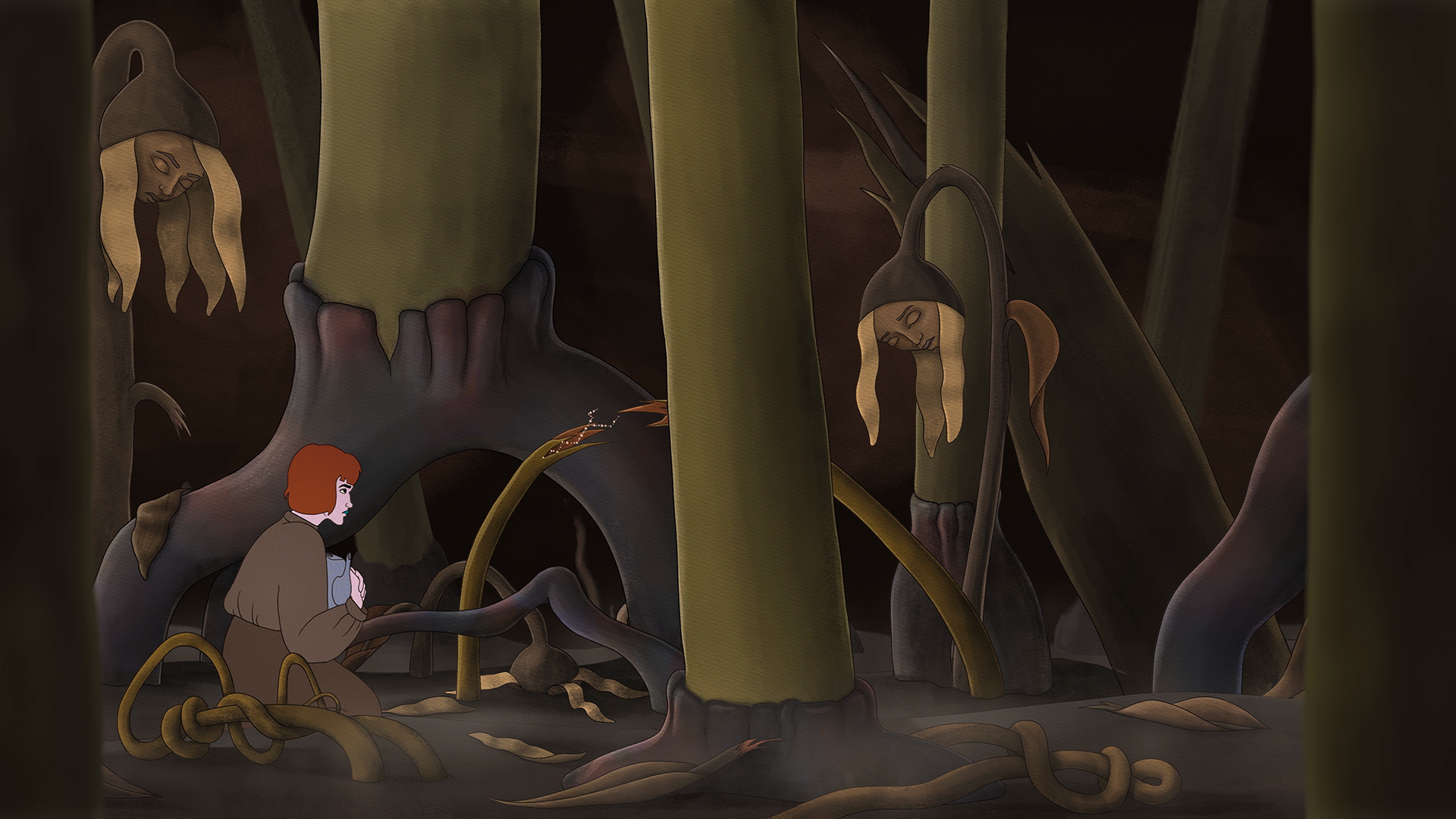 A young person with red hair kneeling among dark, twisted trees with human faces, holding a white dove, in a dark forest scene.