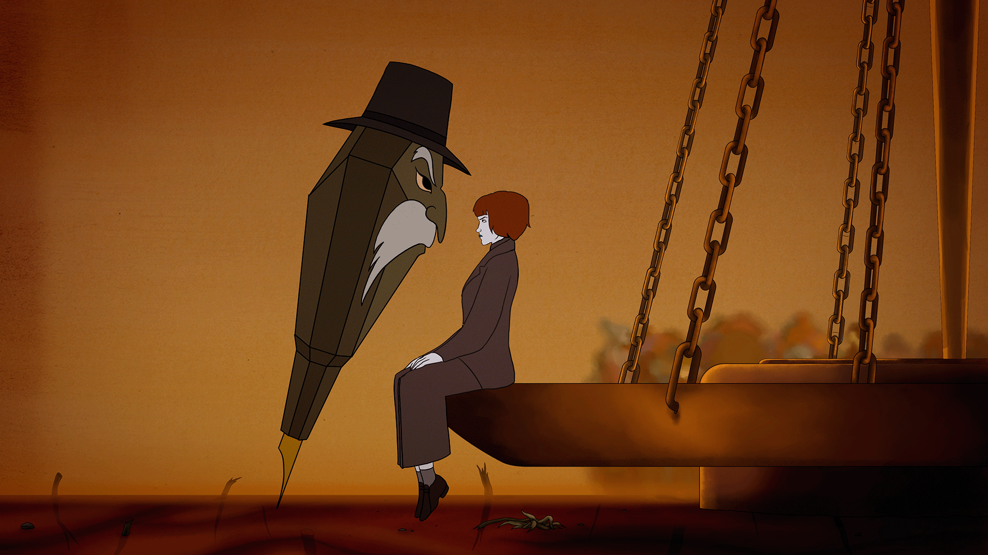 Animated scene with a woman sitting on a swing, facing a large, dark, angry-looking pen wearing a black hat, in a surreal outdoor setting with a reddish-brown ground and an orange sky.