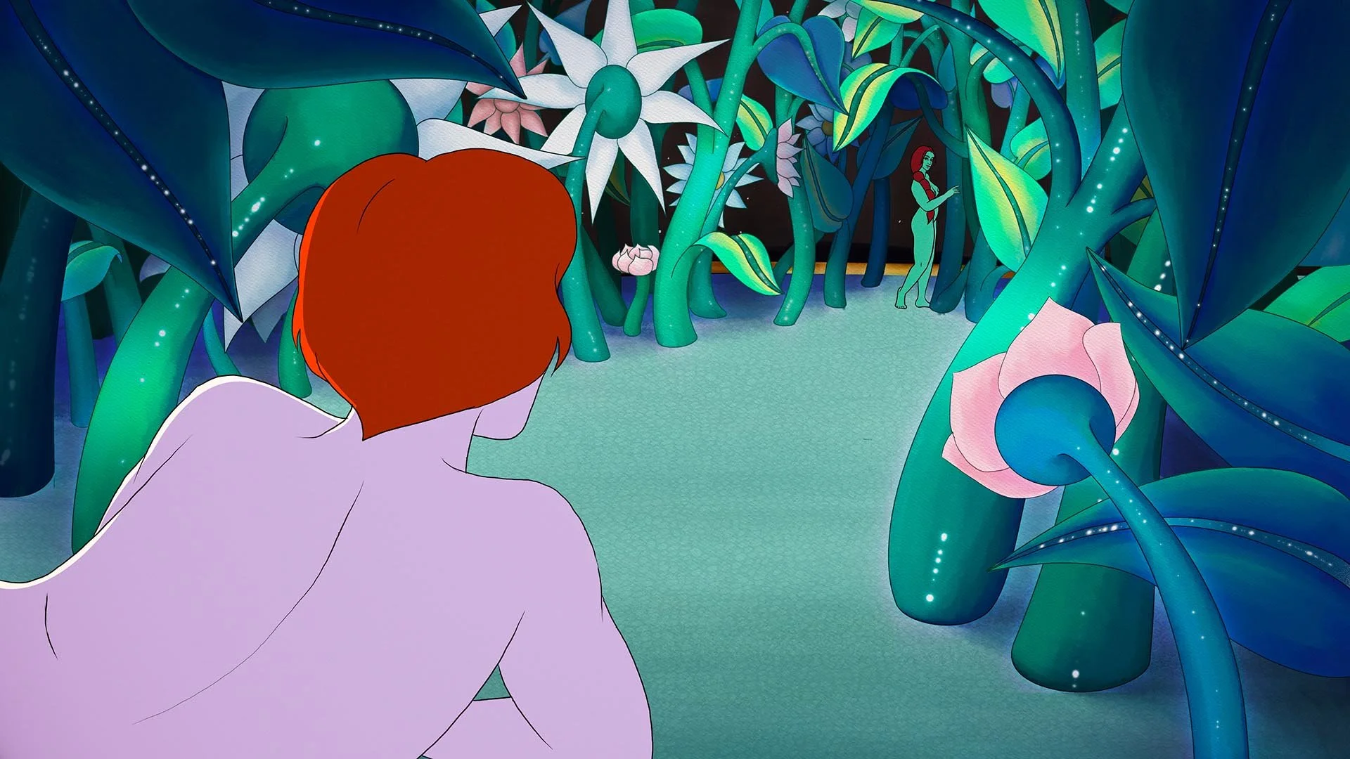 A scene from the animated movie 'The Little Mermaid' depicting Ariel's lover, Eric, observing a lush, bioluminescent underwater garden with large plants, vibrant flowers, and a woman in the distance.