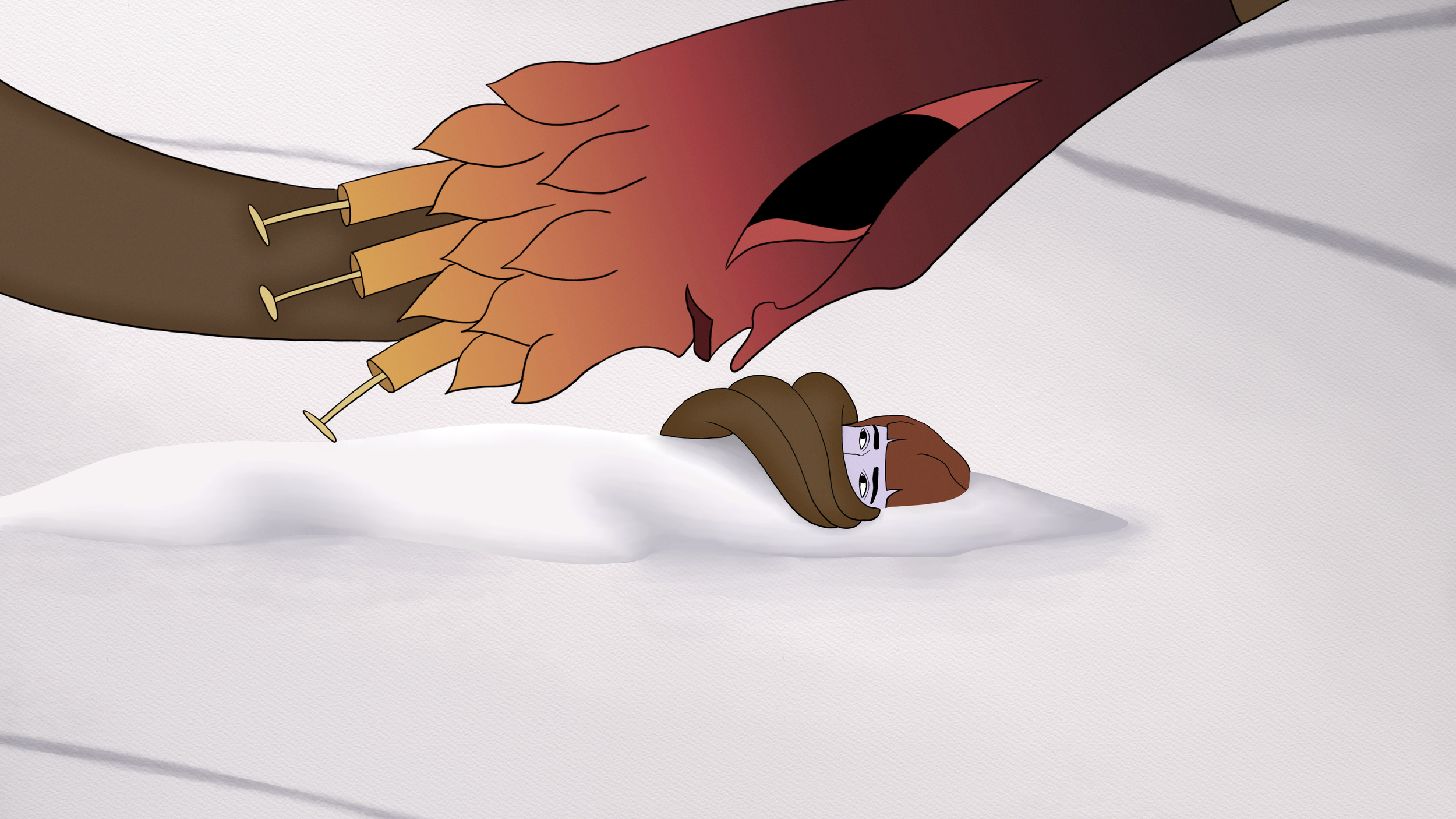 A cartoon depiction of a large, bear-like creature with syringes on its arms, attacking a person lying on snow, with the person's face showing fear.