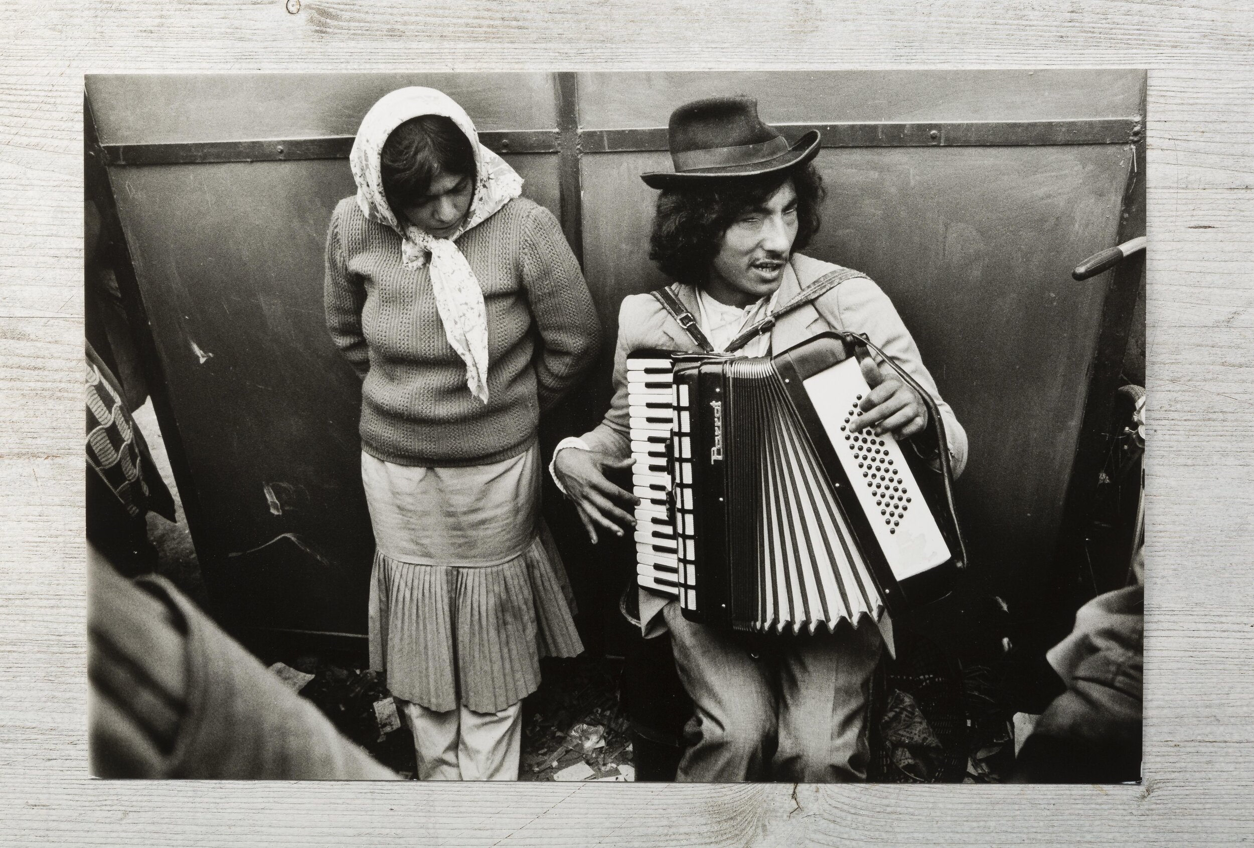 Romania, blind gypsy playing accordion at the black market, Timisoara