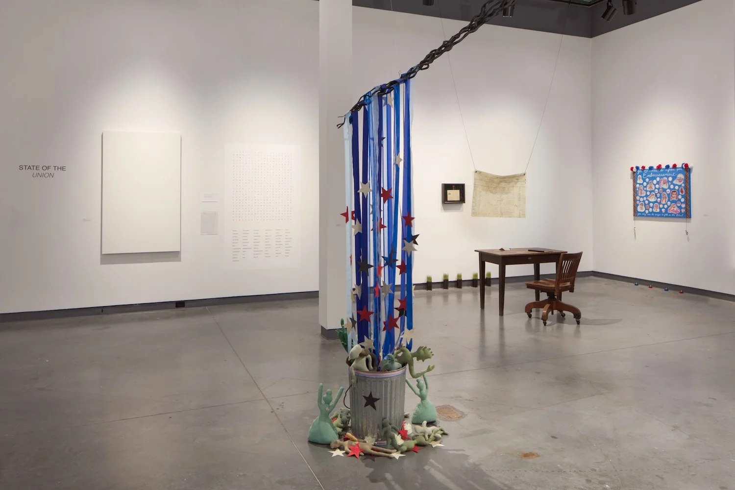 State of the union, from left to right, two wall pieces by Jenna Lucente, a sculpture by Karoline Wileczek, an installation by Jennifer Borders and a wall piece Karoline Wileczek.
